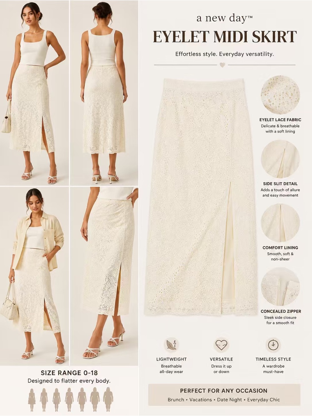 A new day Cream Eyelet Midi Skirt with Side Slit